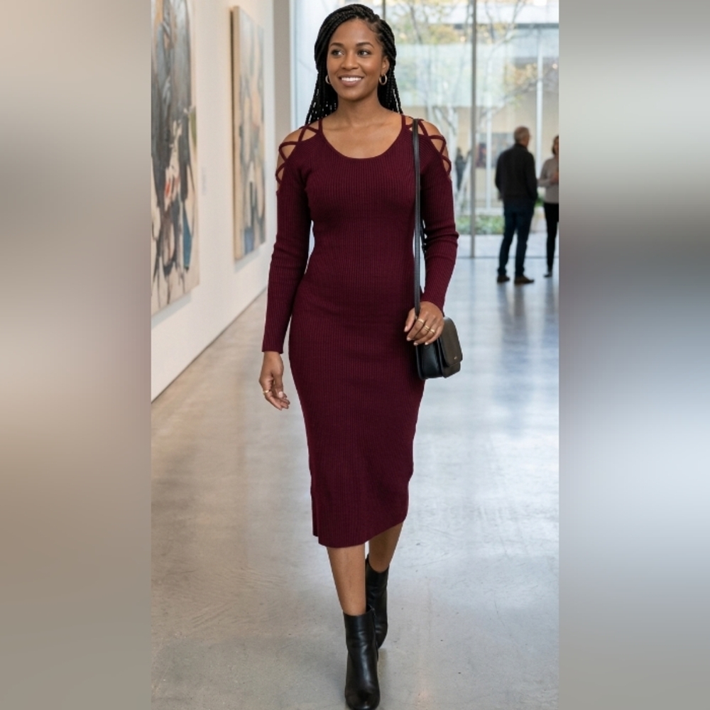 Another Story Burgundy Ribbed Knit Cutout Sweater Dress – Size L